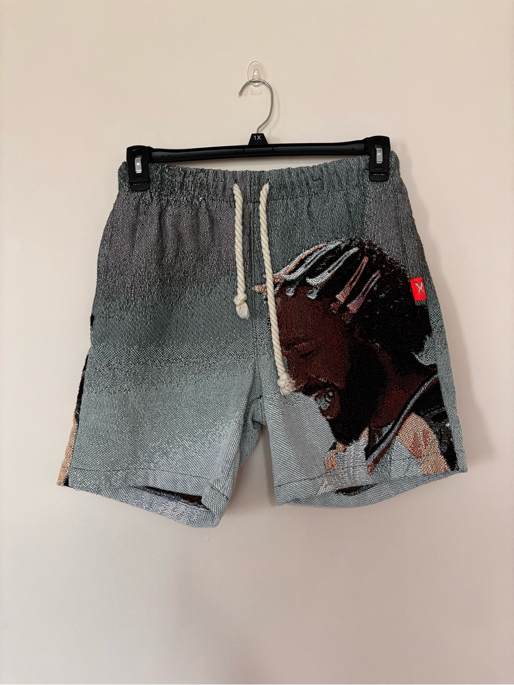 Graphic Knit Tapestry Shorts with Portrait Detail in Gray and Black